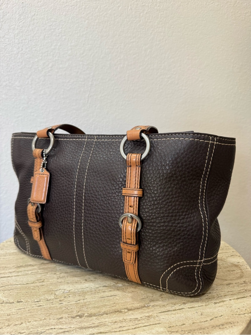 Classic Brown Coach Tote with Tan Trim